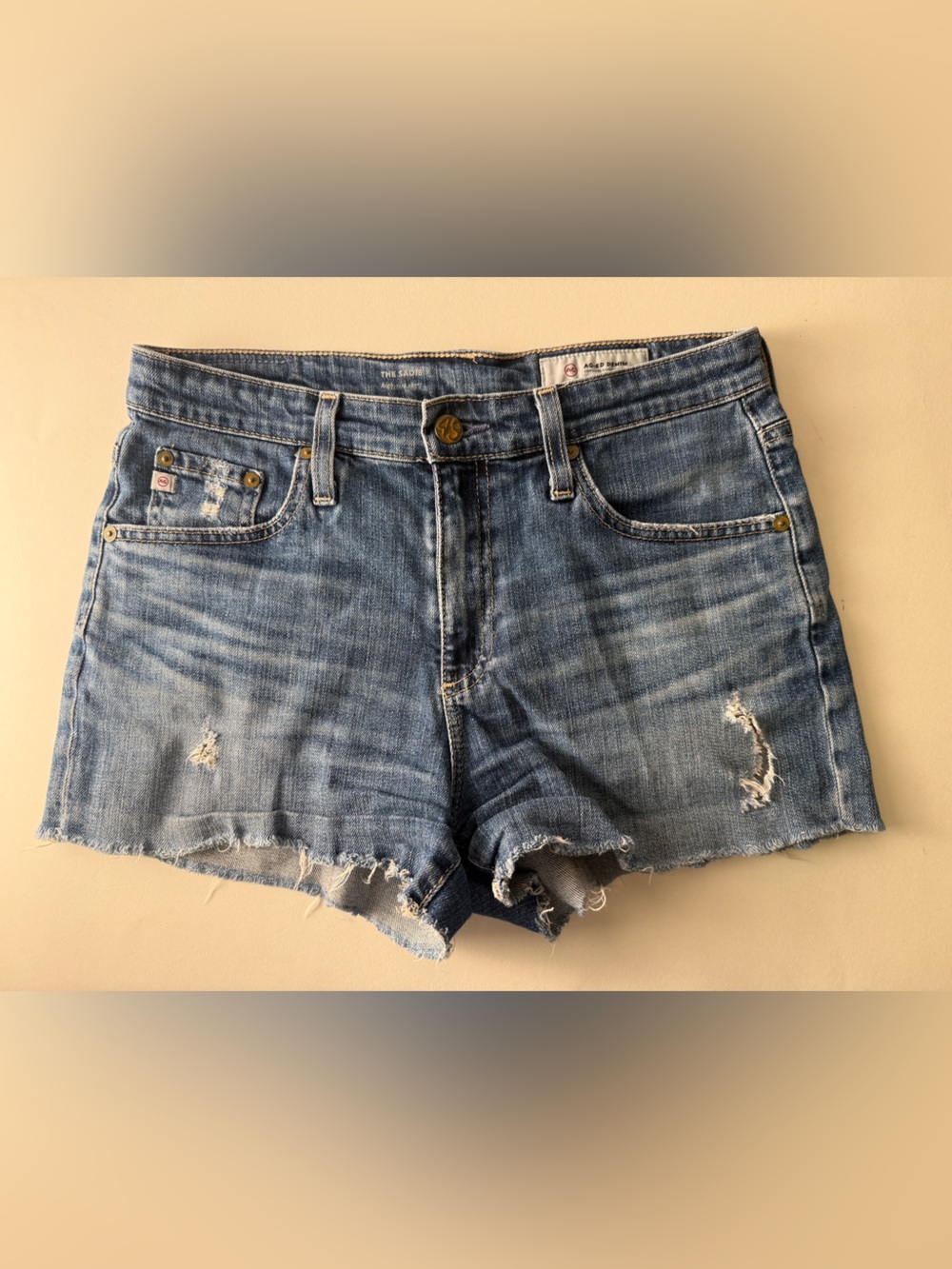 AG Adriano Goldschmied 'The Sadie' High Rise Blue Denim Short 30" Distressed